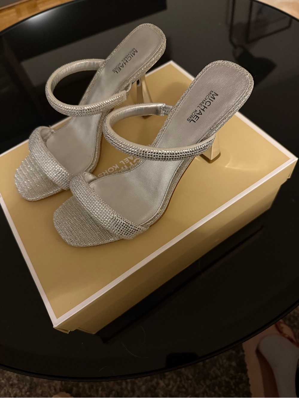 Michael Kors Silver Crystal-Embellished Slide Heels-Size US6.5